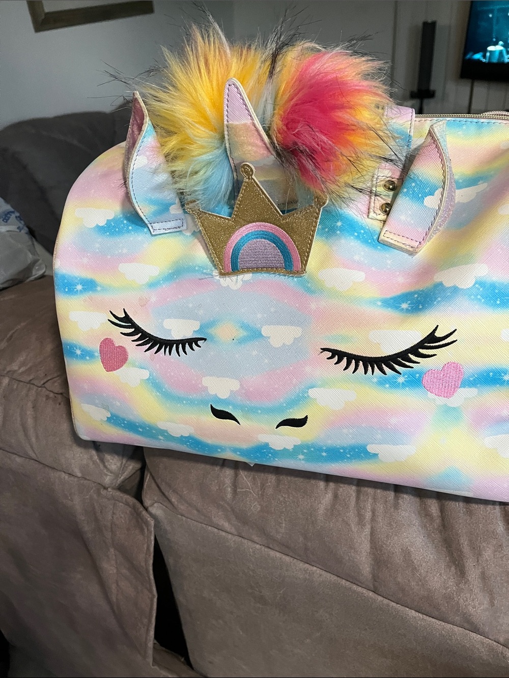 Under One Sky Pastel Rainbow Unicorn Tote with Multicolor Pom Pom